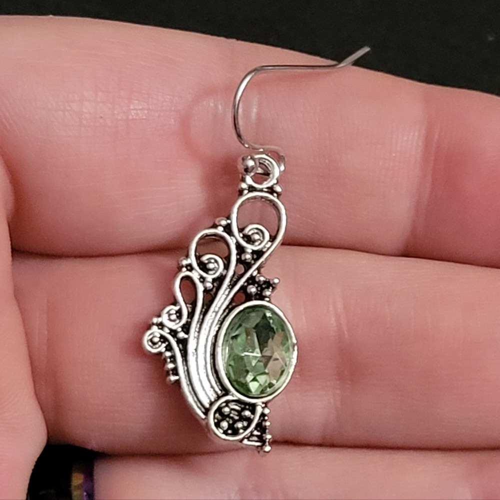 Silver Tone & Green Crystal Filigree Hook Earrings